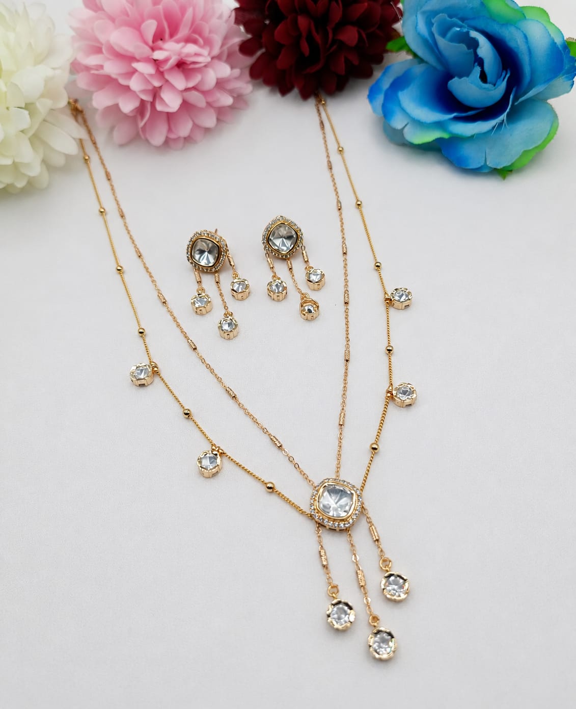 Celestia 2 Layer Chain Pendant Set with Kundan Moissanite Triangle Pendant & Stud Earrings | Shree Shani Jewels