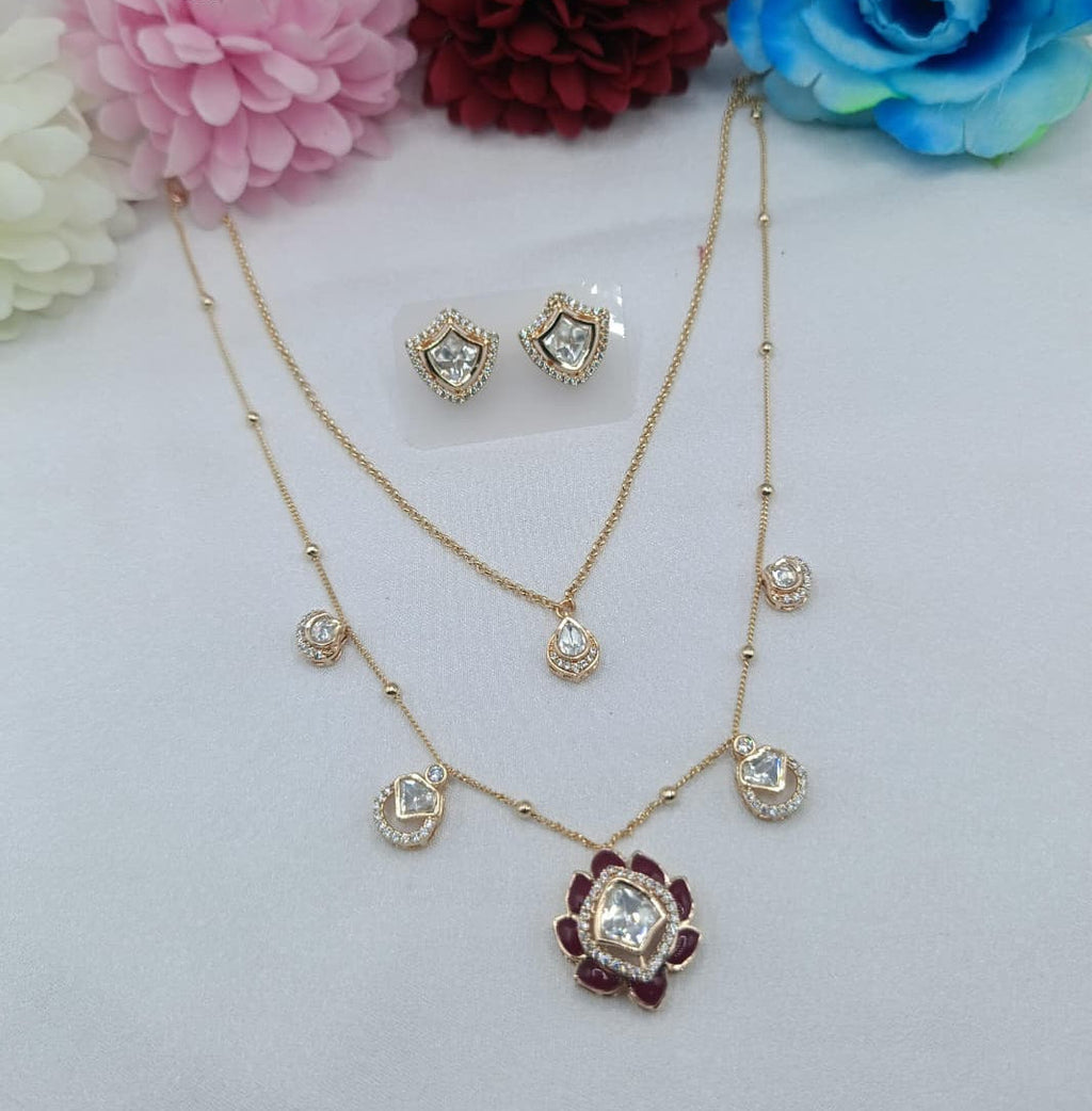 Aurielle  2 Layer Pear Crystal Layer Kundan Moissanite Chain Set with Earrings | Gold Finish Necklace Set for Women | Shree Shani Jewels