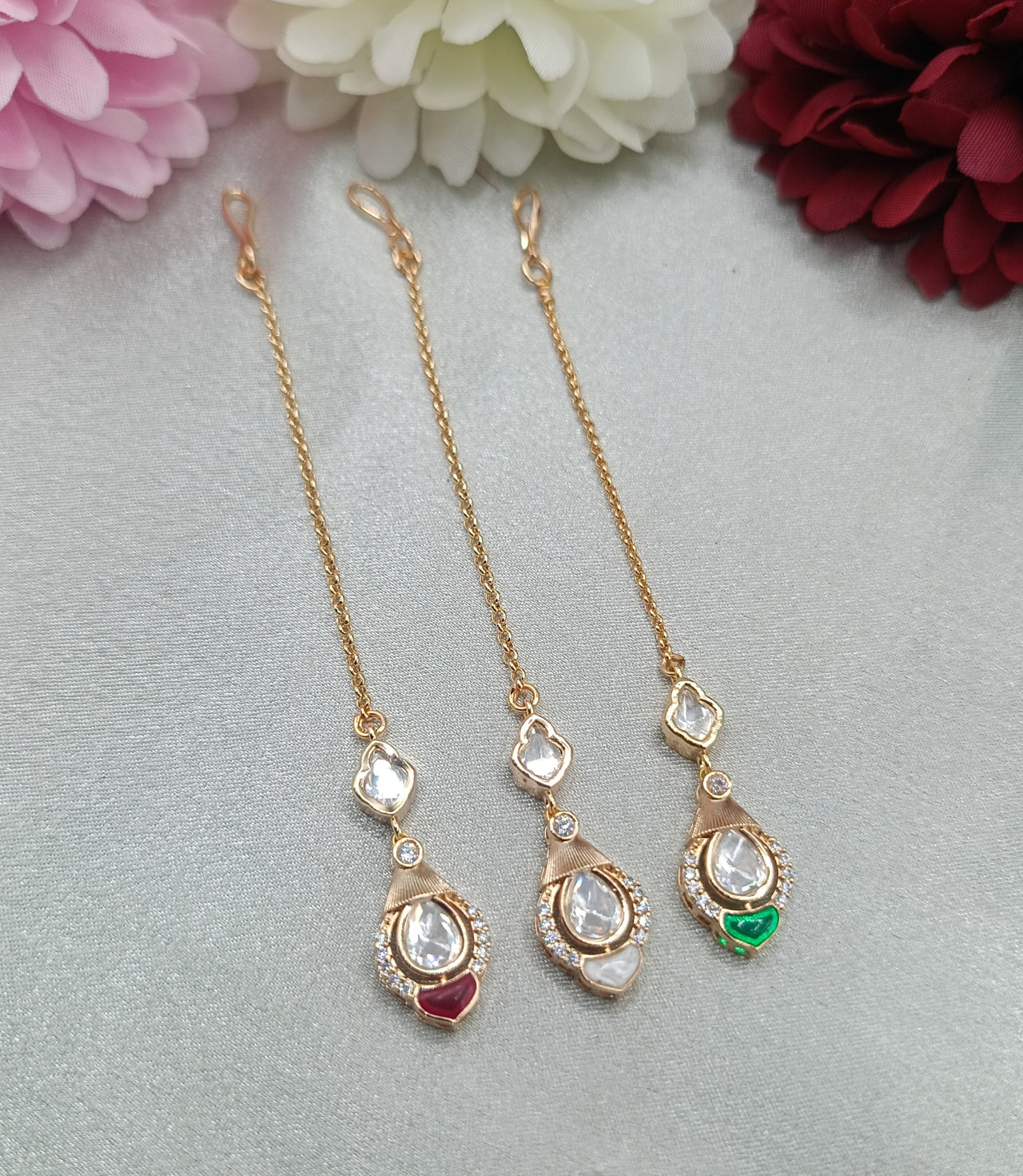 Aarohi Kundan Maang Tikka Collection in Ruby Red, Pearl White and Emerald Green by Shree Shani Jewels
