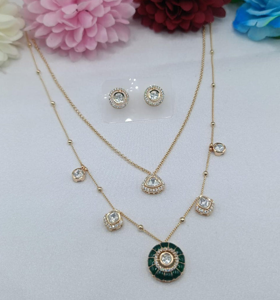 Celeste two Layer Pear Crystal Kundan Moissanite Chain Set with Earrings | Gold Finish Layer Necklace for Women