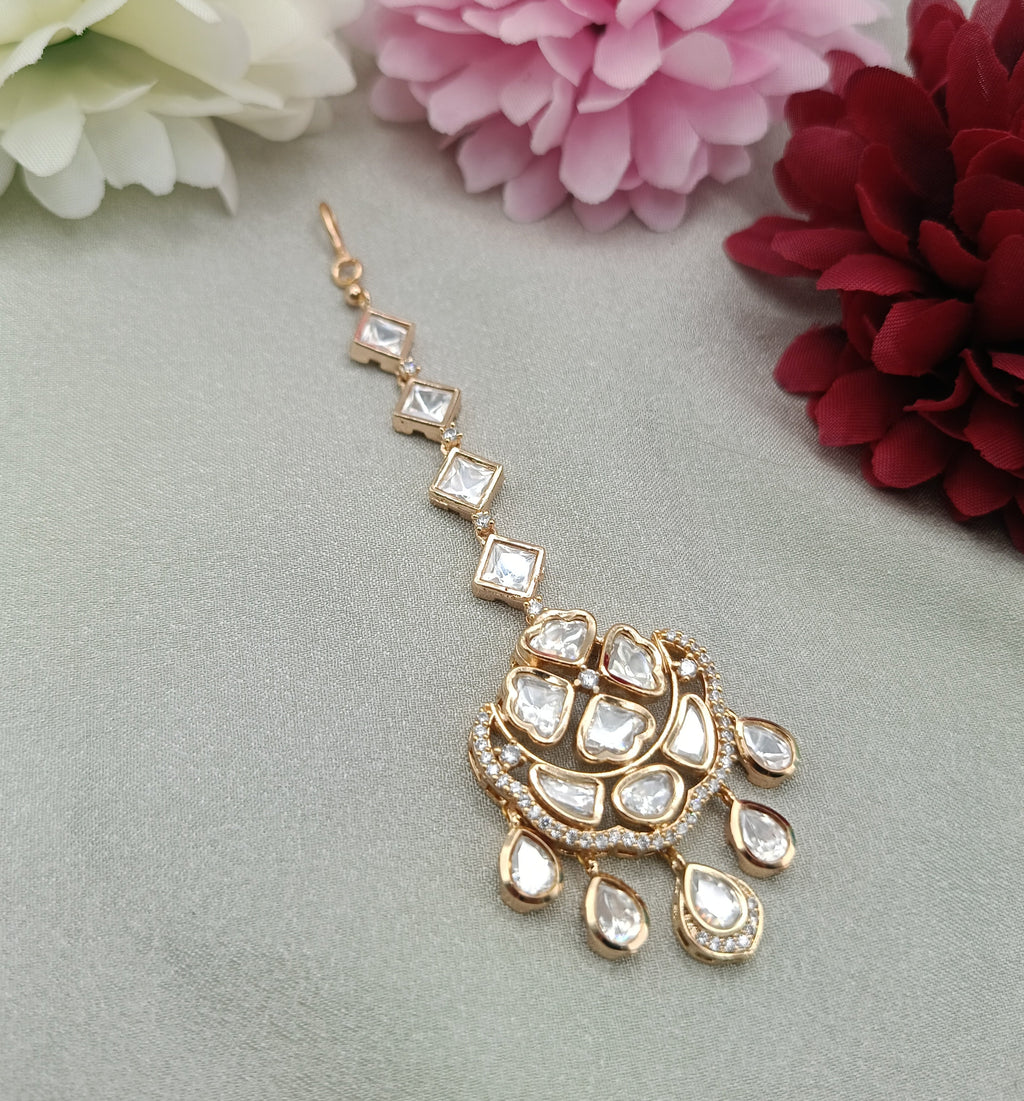 Chandrika Kundan Maang Tikka with Teardrop Danglers by Shree Shani Jewels