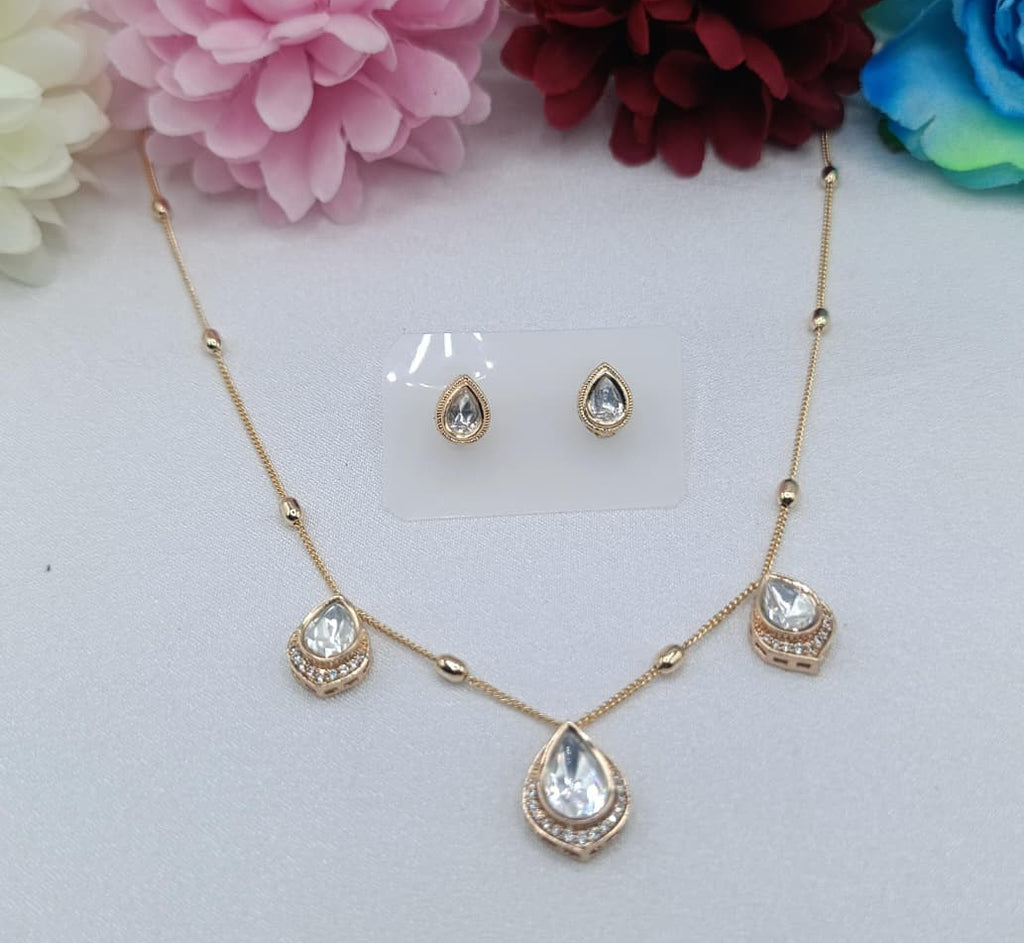 Elaria Two Layer Crystal Charm Kundan Moissanite Chain Set with Earrings | Gold Finish Layer Necklace for Women