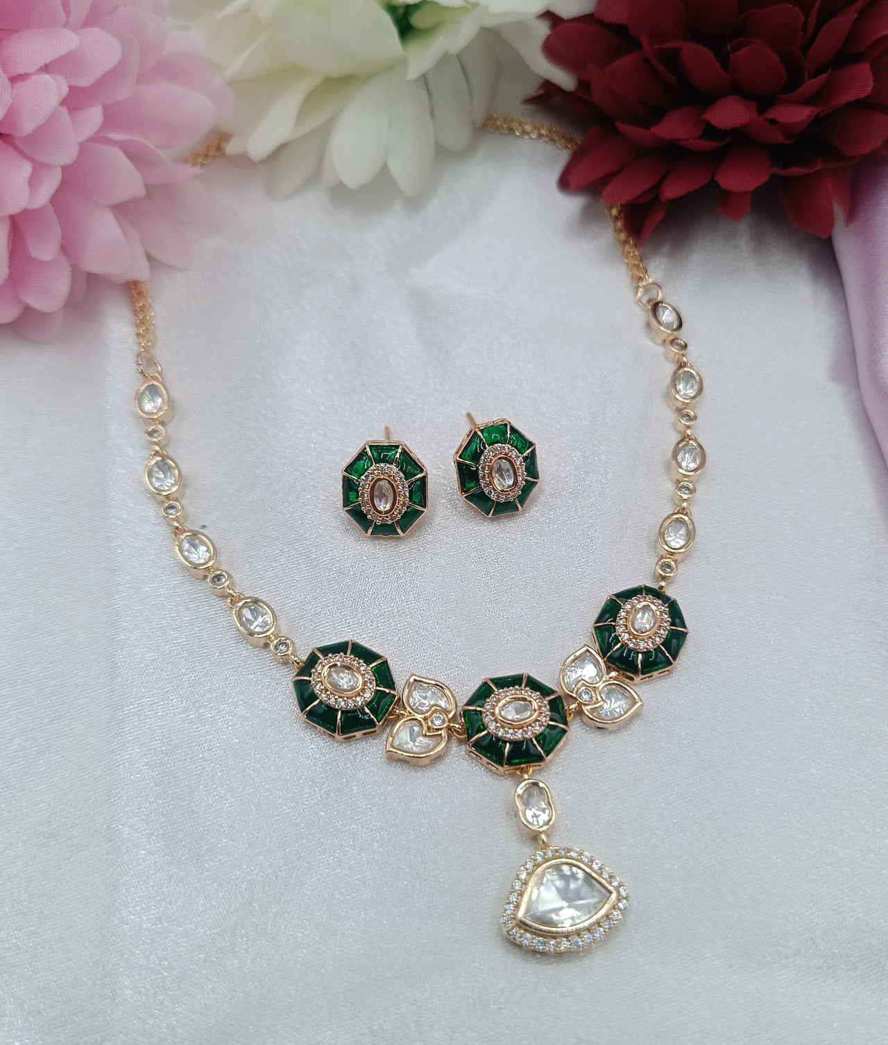 Emerald Green Kundan Necklace Set with Earrings for Women by Shree Shani Jewels
