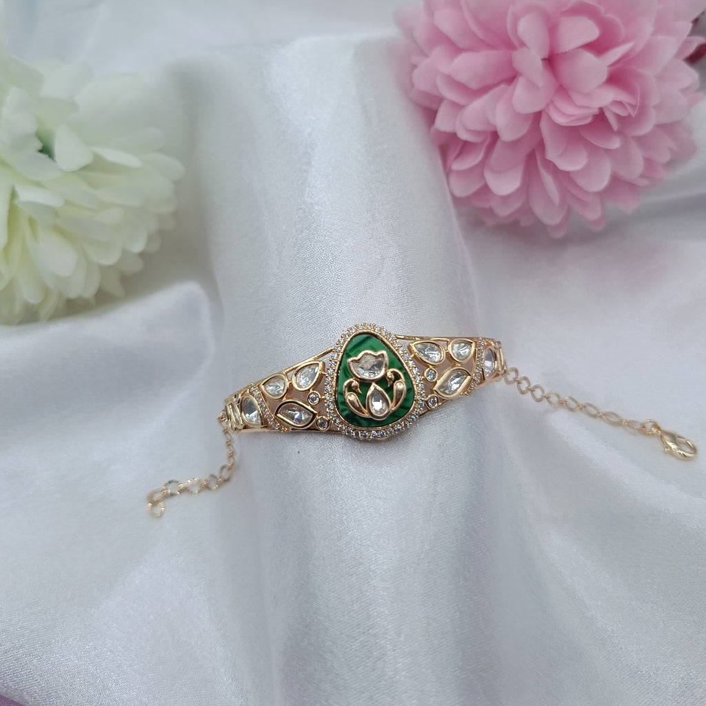 Emerald Lotus MOP Kada Bracelet with Green Enamel and Kundan Stones by Shree Shani Jewels