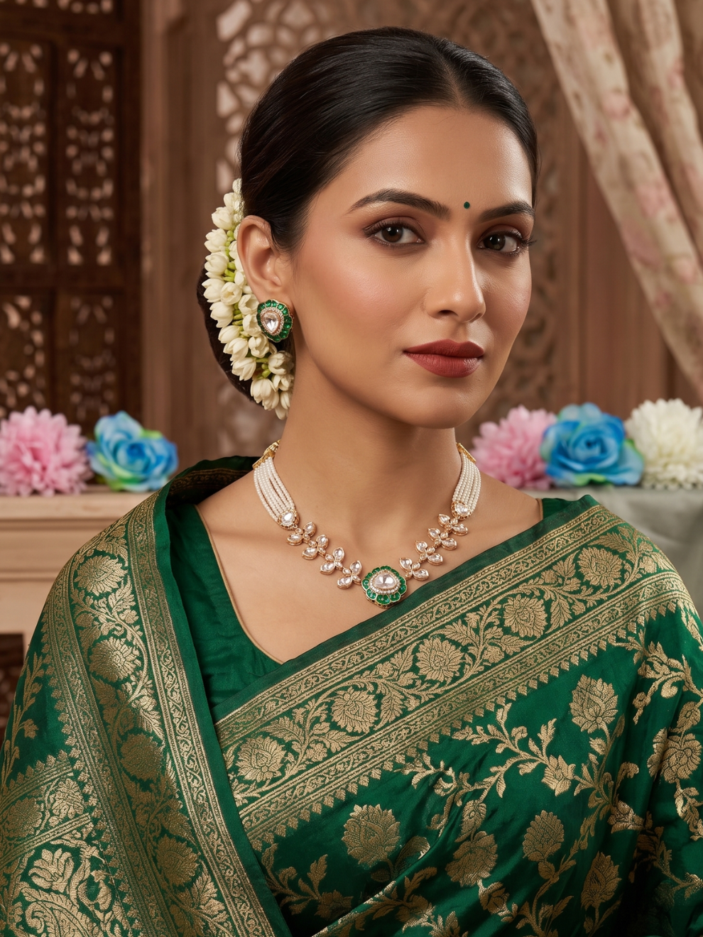 Haritika Emerald Floral Pearl Kundan Choker Necklace with Kundan Stones & Matching Earrings