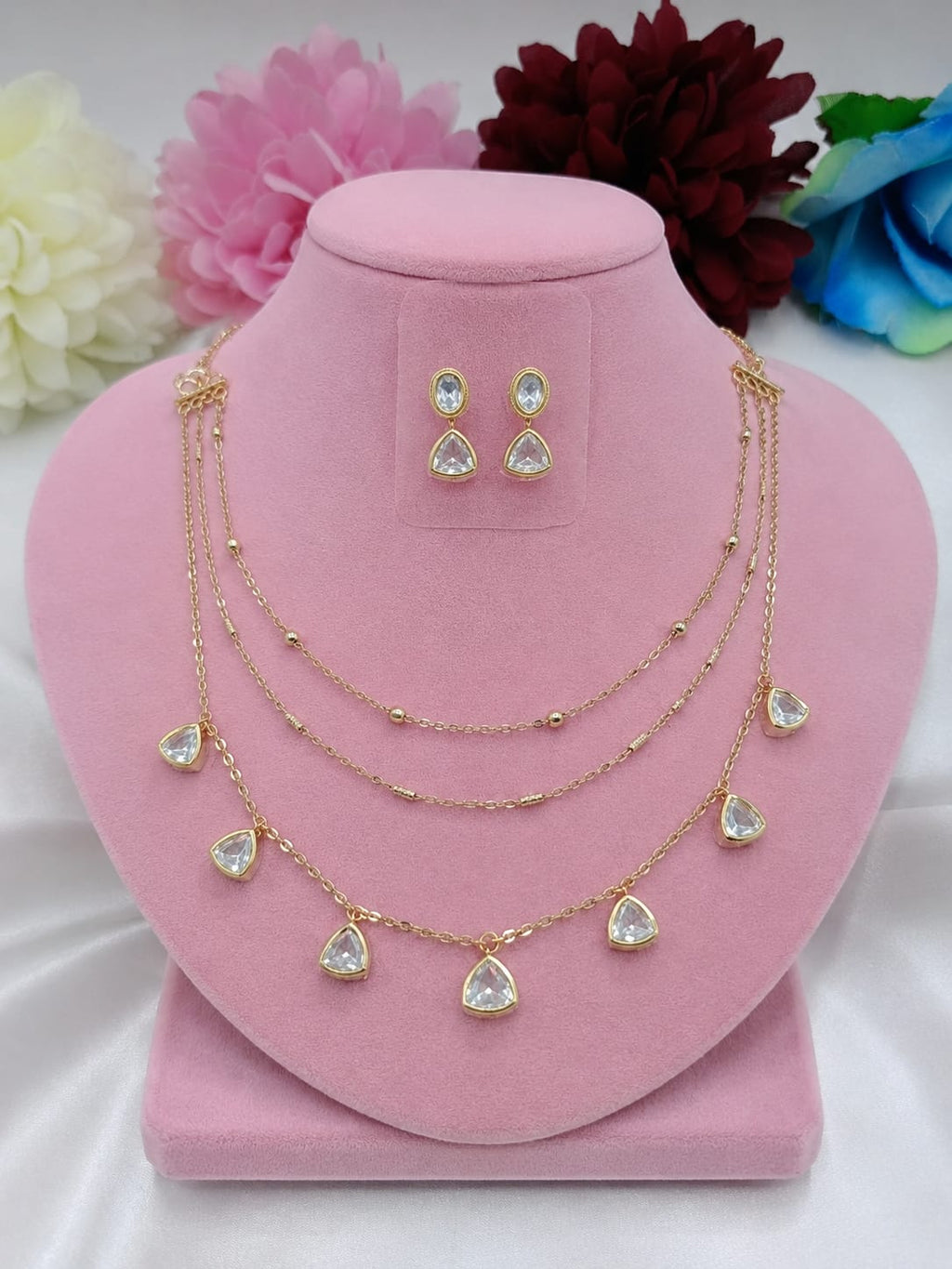 Aarna 3 Layer Chain Pendant Set with Kundan Drop Charms & Earrings | Shree Shani Jewels