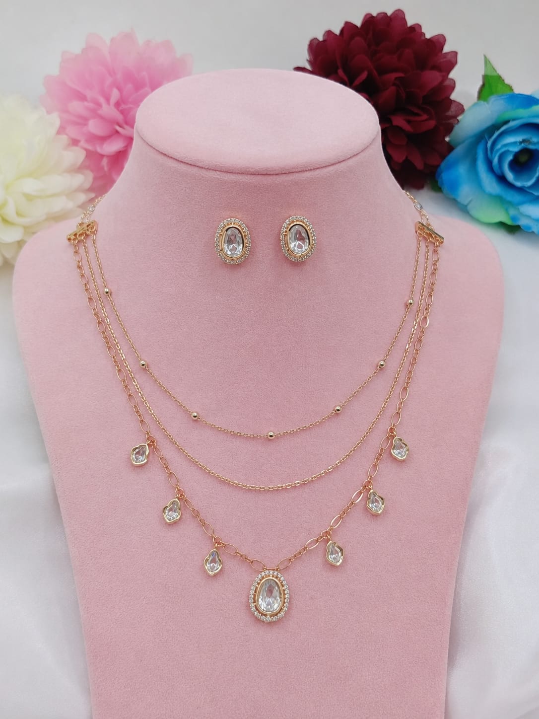 Mireya 3 Layer Chain Pendant Set with Pear Kundan Moissanite Pendant & Stud Earrings | Shree Shani Jewels