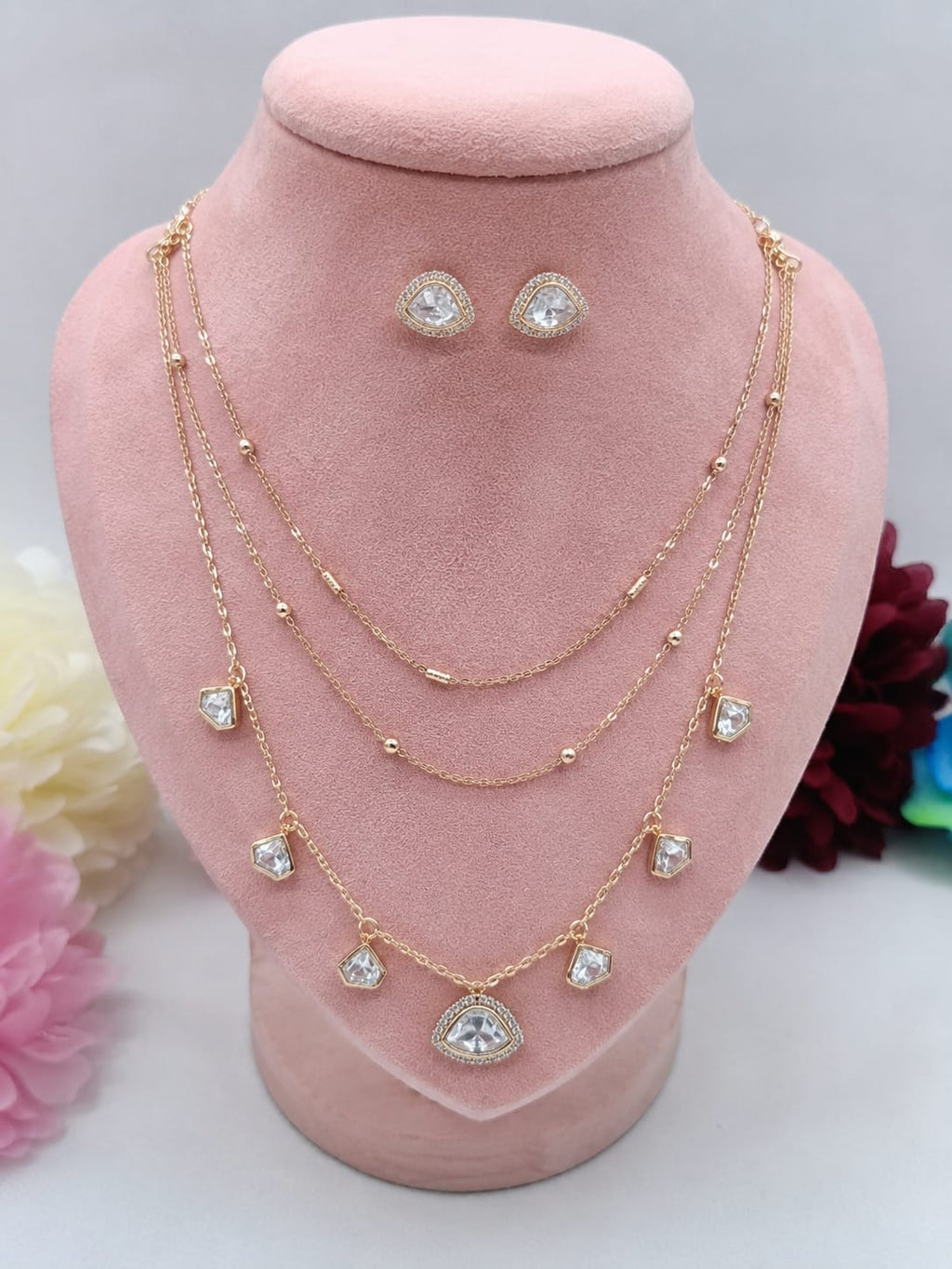 Lunara 3 Layer Kundan Moissanite Chain Pendant Set with Fan-Shaped Kundan Moissanite Pendant & Stud Earrings | Shree Shani Jewels