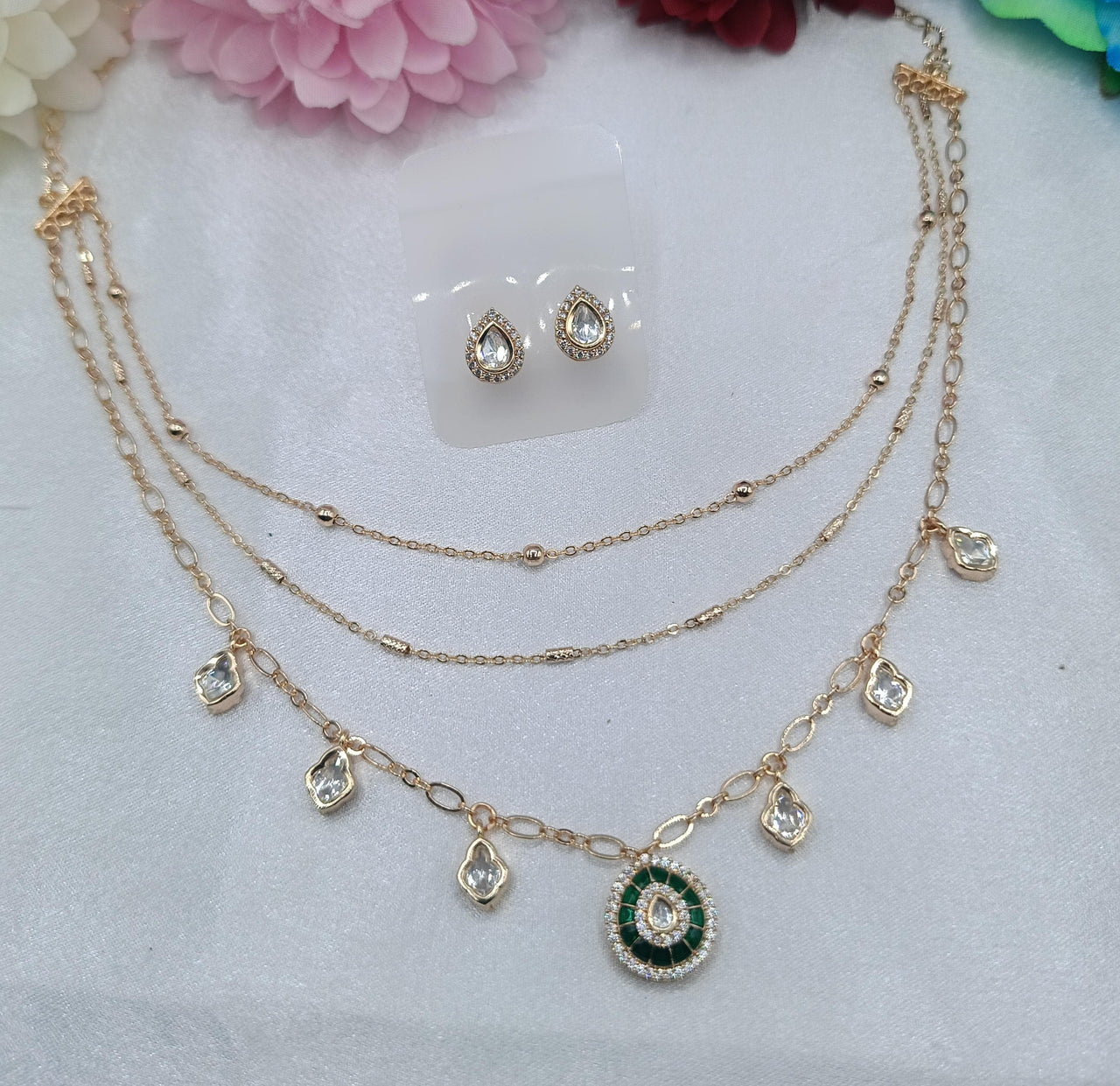 Emerelle 3 Layer Chain Kundan Moissanite Pendant Set with Green Kundan Moissanite Pendant & Stud Earrings | Shree Shani Jewels