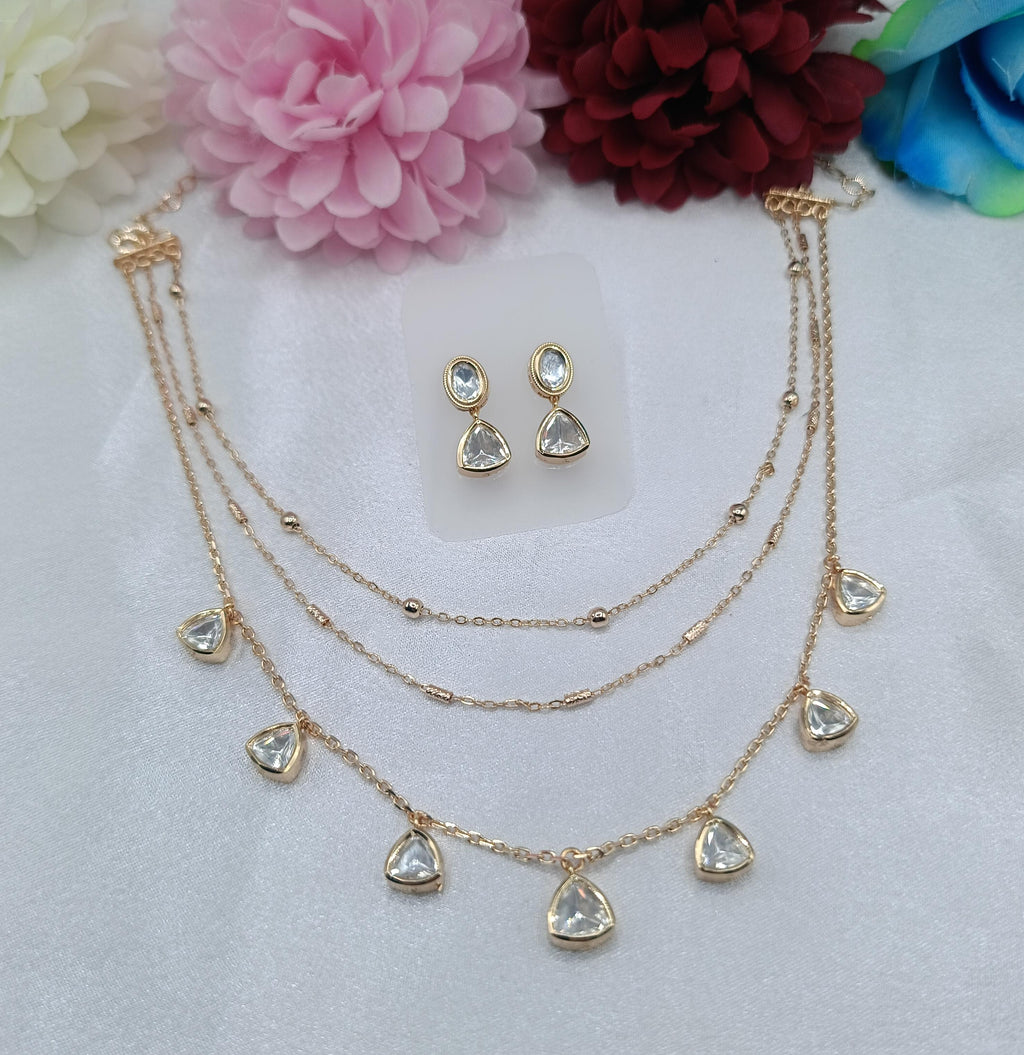 Aarna 3 Layer Chain Pendant Set with Kundan Drop Charms & Earrings | Shree Shani Jewels