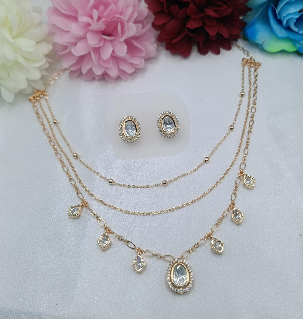 Mireya 3 Layer Chain Pendant Set with Pear Kundan Moissanite Pendant & Stud Earrings | Shree Shani Jewels