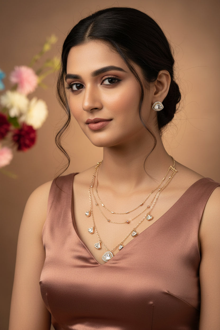 Lunara 3 Layer Kundan Moissanite Chain Pendant Set with Fan-Shaped Kundan Moissanite Pendant & Stud Earrings | Shree Shani Jewels