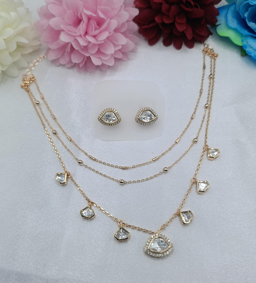Lunara 3 Layer Kundan Moissanite Chain Pendant Set with Fan-Shaped Kundan Moissanite Pendant & Stud Earrings | Shree Shani Jewels