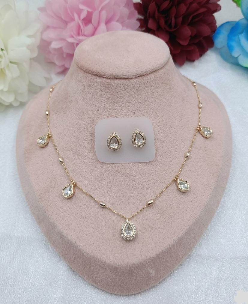 Seraphina Pear Crystal Layer Chain Set with Earrings | Gold Finish Pendant Necklace Set for Women