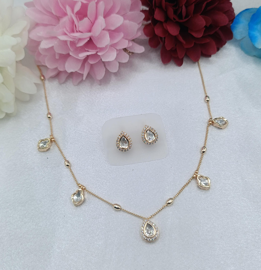 Aurelia Halo Pear Crystal Layer Kundan Moissanite  Chain Set with Earrings | Gold Finish Pendant Necklace Set for Women
