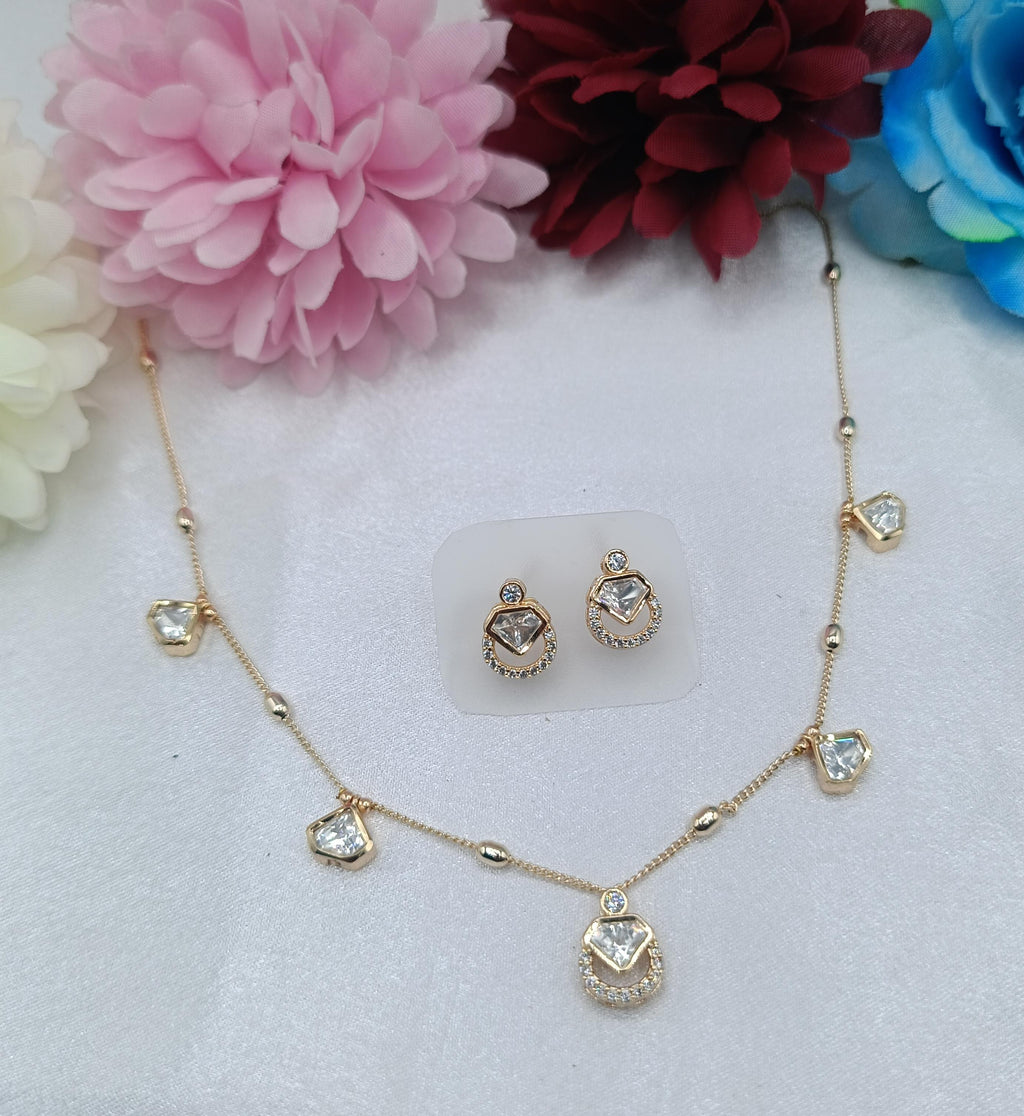 Lunara Geometric Crystal Layer Kundan Moissanite Chain Set with Earrings | Gold Finish Pendant Necklace Set for Women