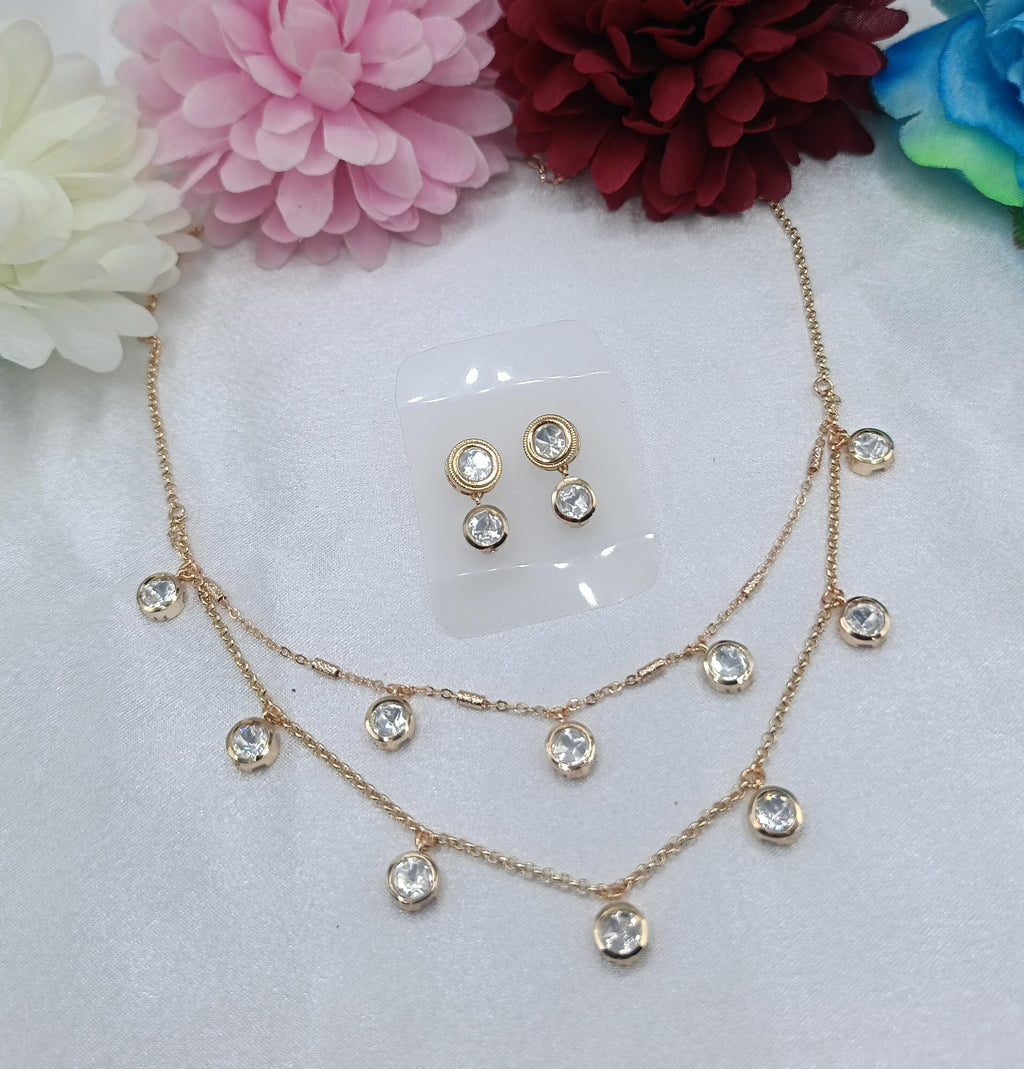 Luna Triple Layer Crystal Charm Kundan Moissanite Chain Set with Earrings | Gold Finish Layer Necklace for Women