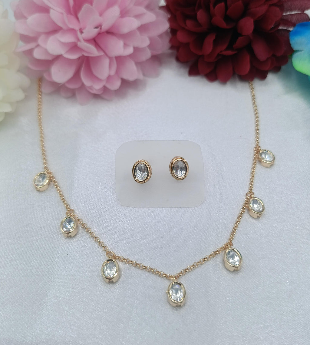 Celeste Oval Crystal Charm Layer Kundan Moissanite Chain Set with Earrings | Gold Finish Crystal Necklace for Women