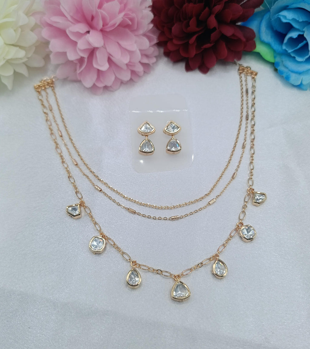 Aurora Geometric Crystal Triple Layer Kundan Moissanite Chain Set with Earrings | Gold Finish Layer Necklace for Women