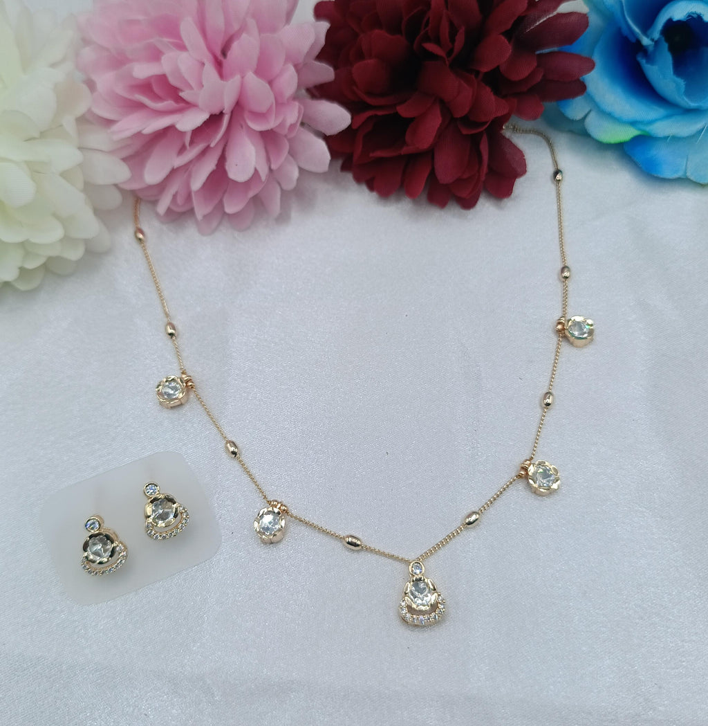 Celestia Halo Crystal Charm Kundan Moissanite Layer Chain Set with Earrings | Gold Finish Crystal Necklace for Women