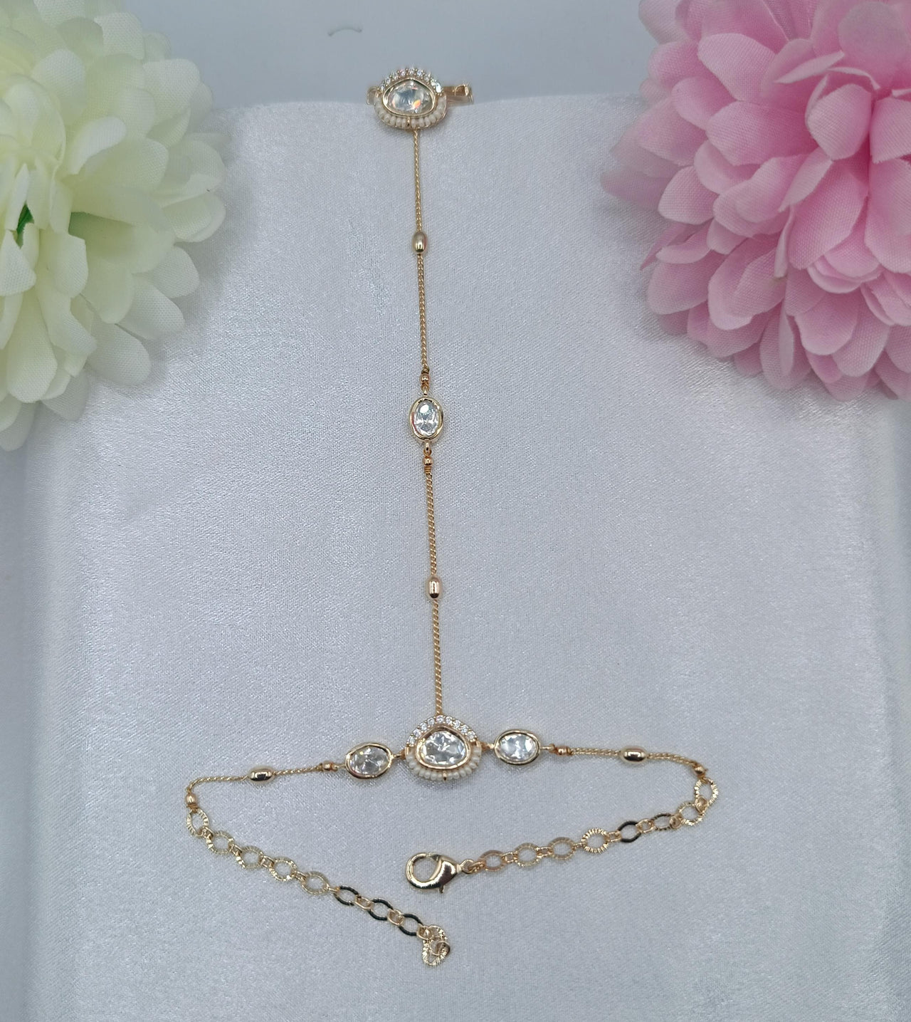 Aarini Oval Crystal Fancy Chain Kundan Moissanite Hathpan for Women | Gold Finish Adjustable Hand Jewellery | Shree Shani Jewels