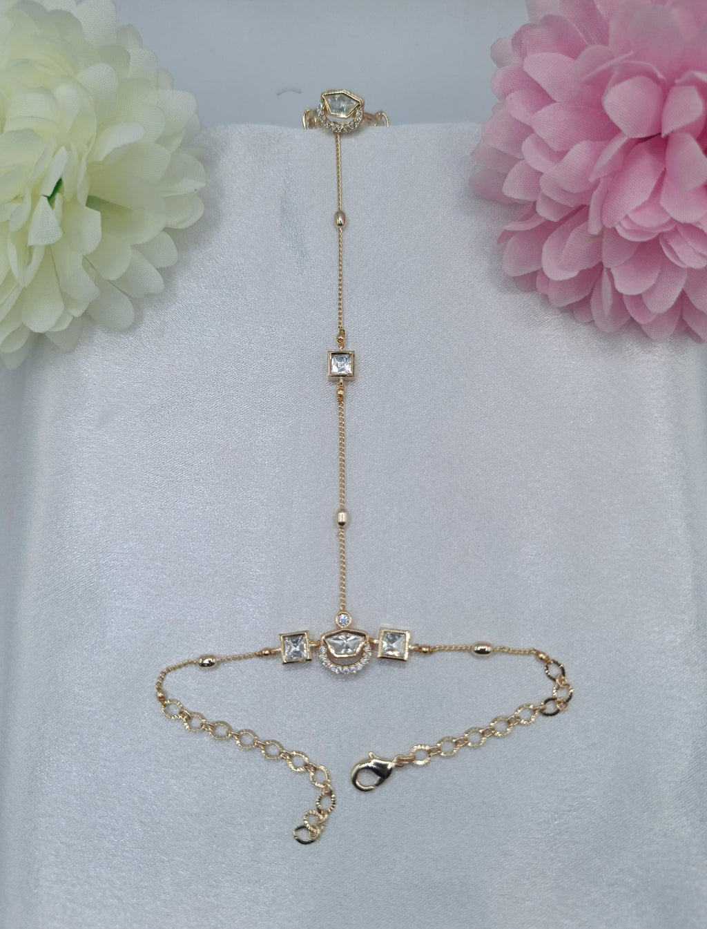 Meher Geometric Crystal Fancy Chain Kundan Moissanite Hathpan for Women | Gold Finish Adjustable Hand Jewellery | Shree Shani Jewels