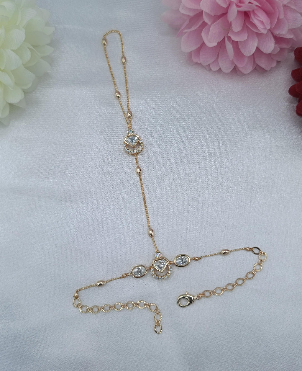 Noor Hexa Crystal Fancy Kundan Moissanite Chain Hathpan for Women | Gold Finish Adjustable Hand Jewellery | Shree Shani Jewels