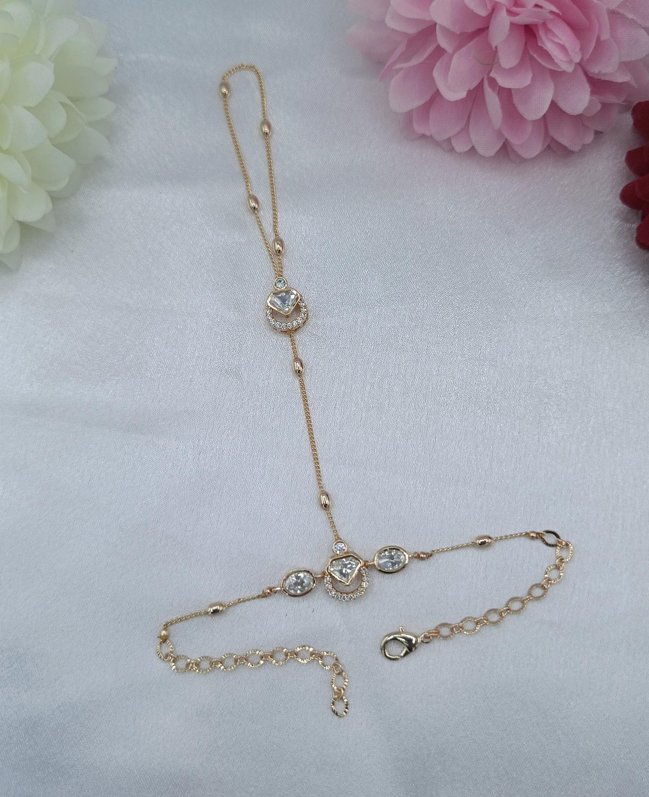 Noor Hexa Crystal Fancy Kundan Moissanite Chain Hathpan for Women | Gold Finish Adjustable Hand Jewellery | Shree Shani Jewels