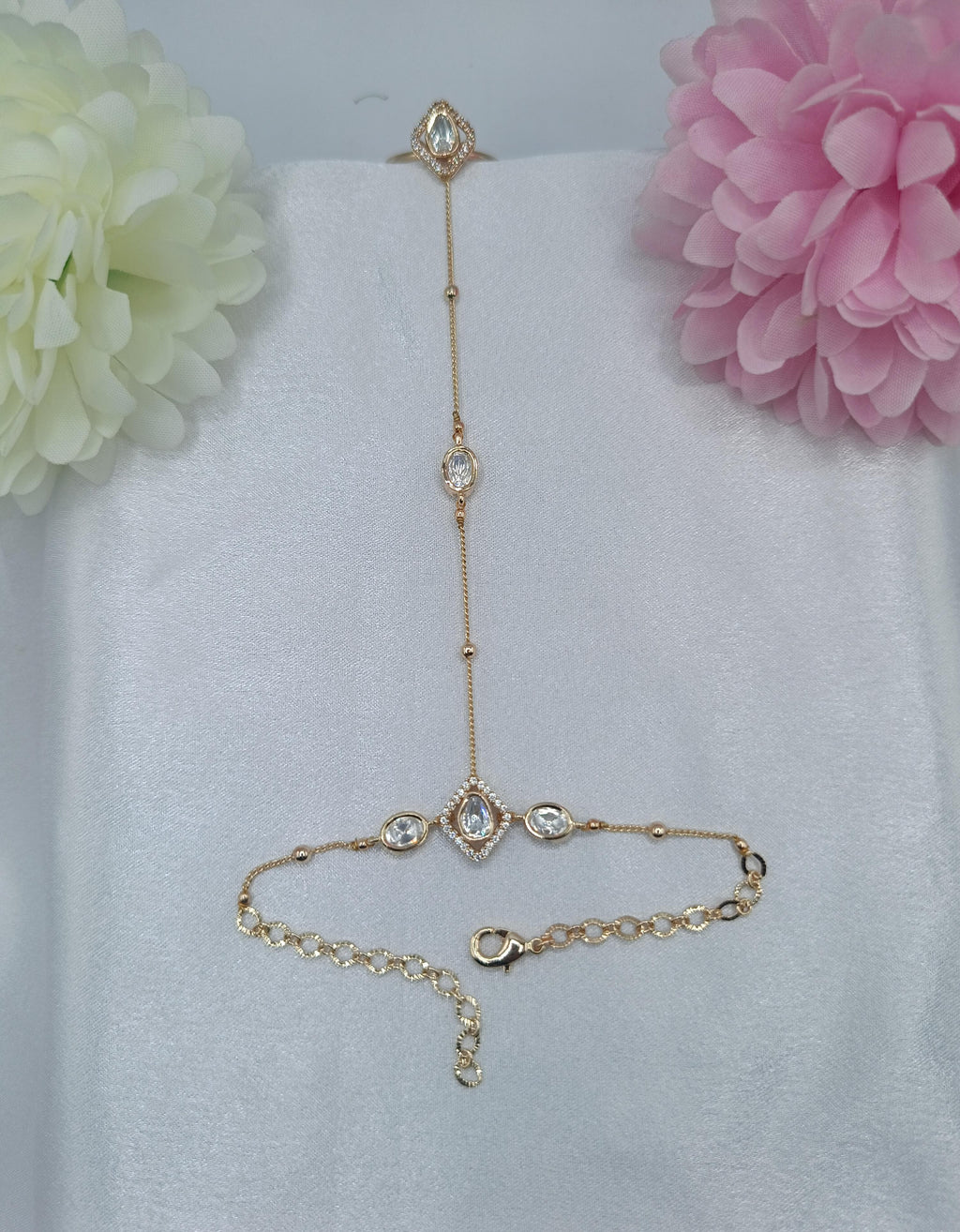 Aafiya Pear Crystal Fancy Chain Kundan Moissanite Hathpan for Women | Gold Finish Adjustable Hand Jewellery | Shree Shani Jewels