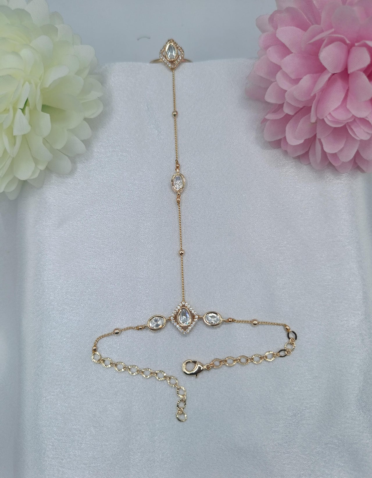 Aafiya Pear Crystal Fancy Chain Kundan Moissanite Hathpan for Women | Gold Finish Adjustable Hand Jewellery | Shree Shani Jewels