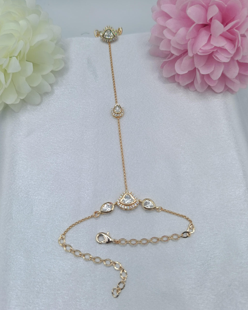 Kiara Triangle Crystal Fancy Kundan Moissanite Chain Hathpan for Women | Gold Finish Adjustable Hand Jewellery | Shree Shani Jewels
