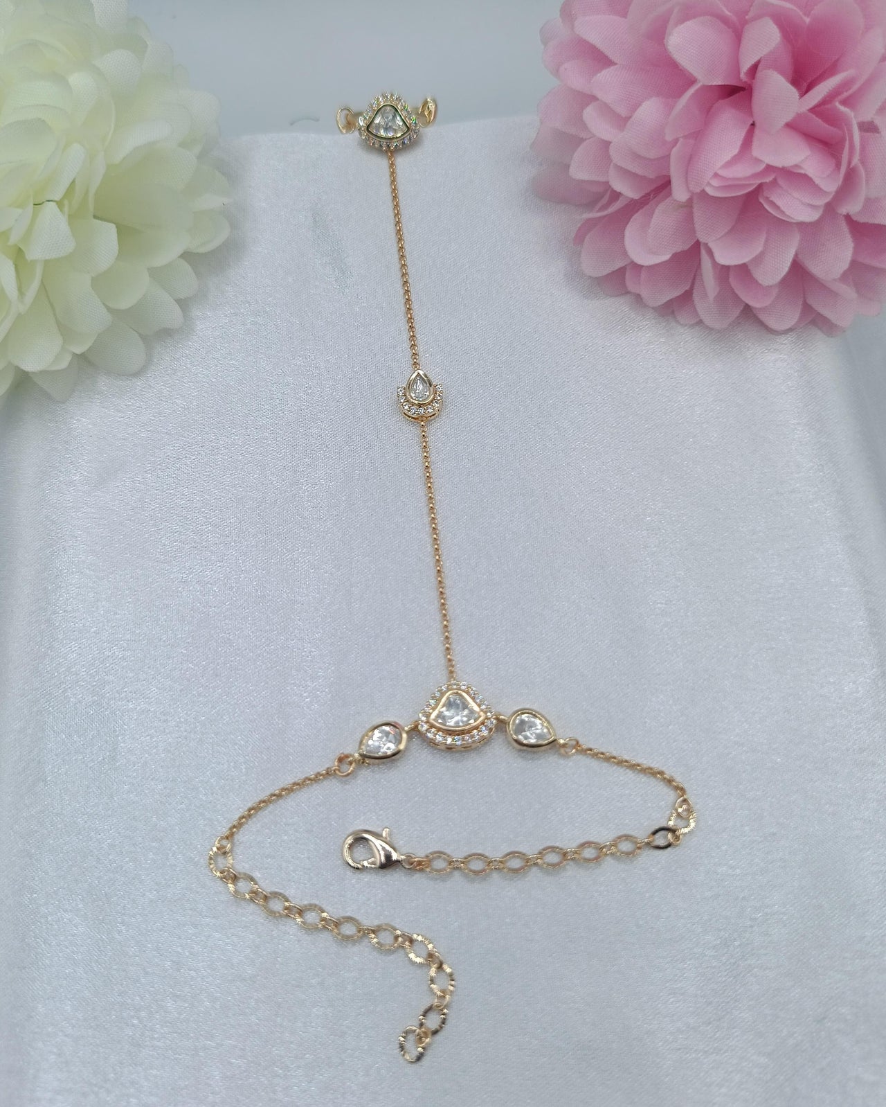 Kiara Triangle Crystal Fancy Kundan Moissanite Chain Hathpan for Women | Gold Finish Adjustable Hand Jewellery | Shree Shani Jewels