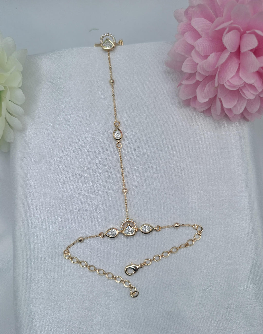 Aadhya Princess Crystal Fancy Kundan Moissanite Chain Hathpan for Women | Gold Finish Adjustable Hand Jewellery | Shree Shani Jewels