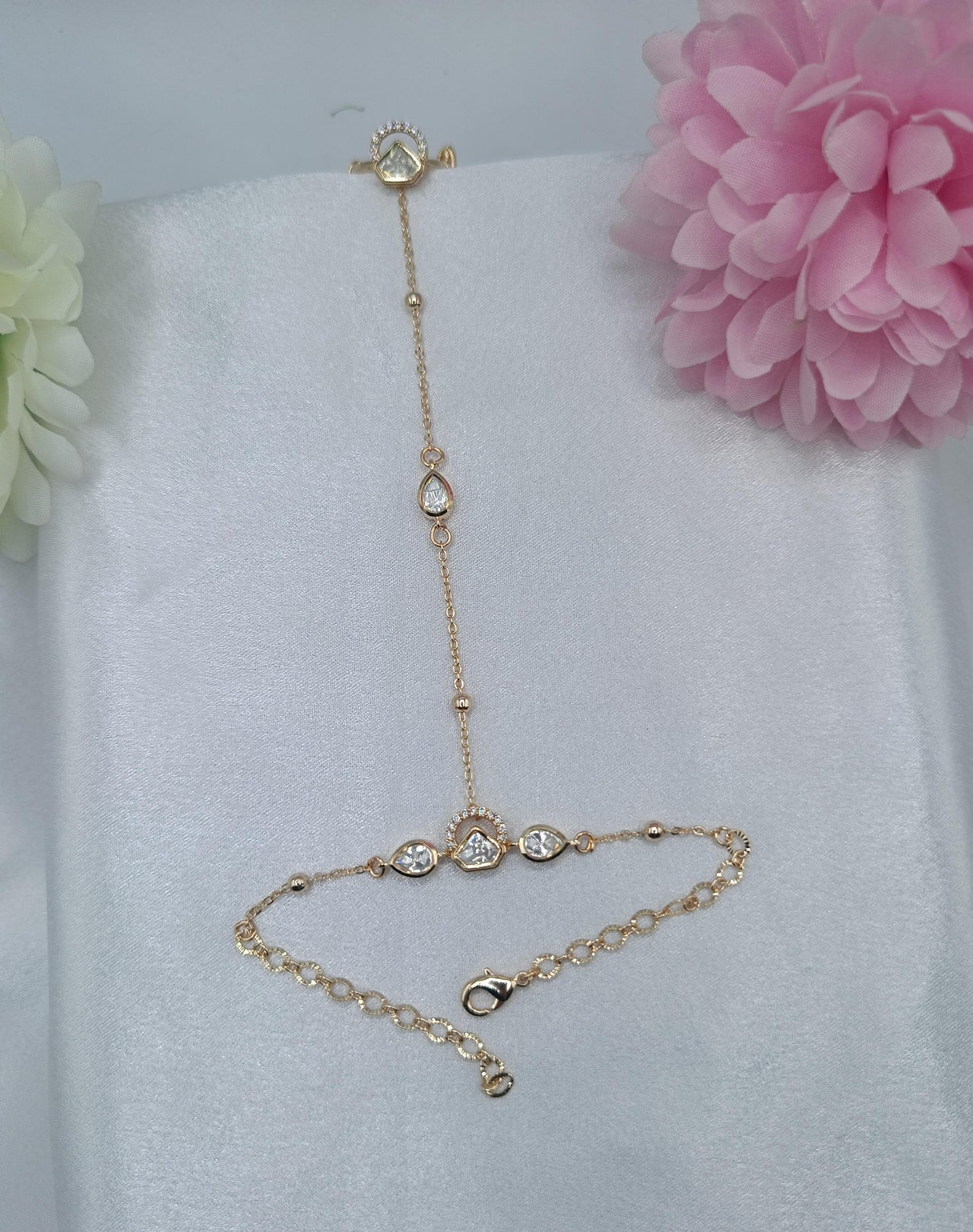 Aadhya Princess Crystal Fancy Kundan Moissanite Chain Hathpan for Women | Gold Finish Adjustable Hand Jewellery | Shree Shani Jewels