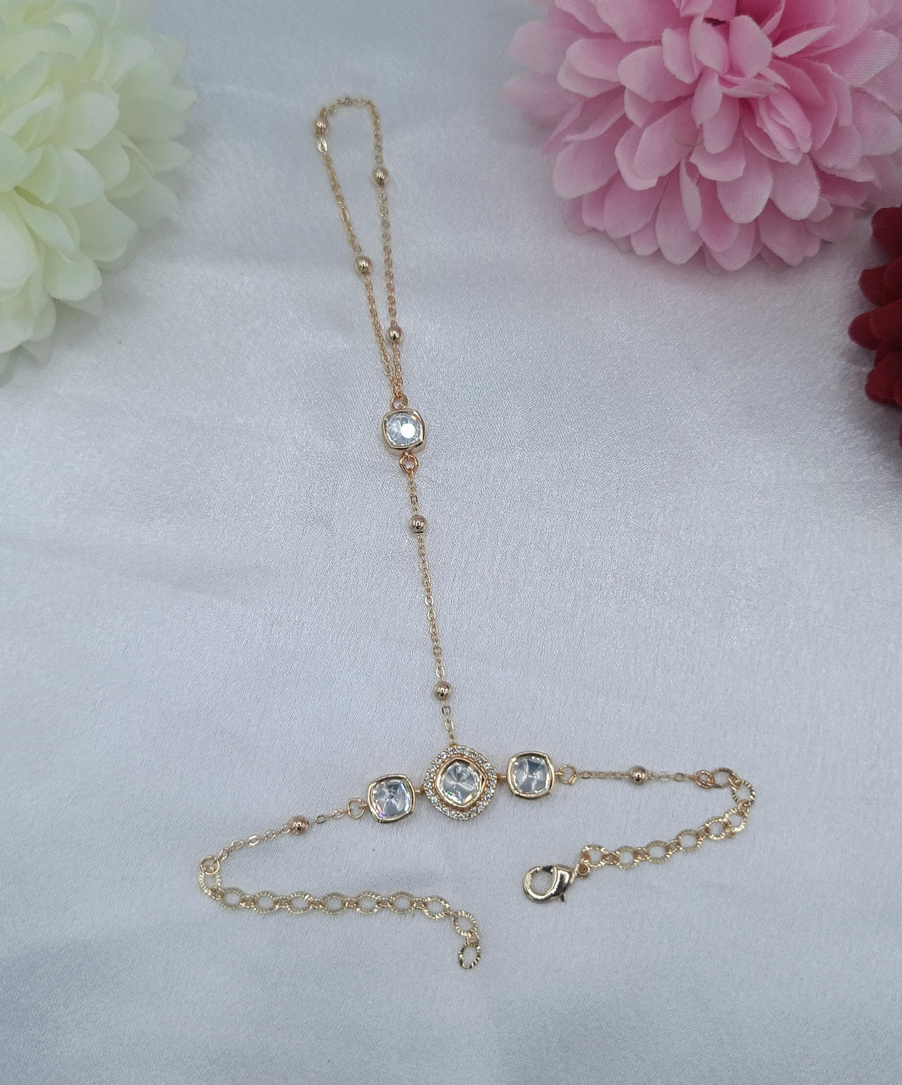 Mira Cushion Crystal Fancy Chain Kundan Moissanite Hathpan for Women | Gold Finish Adjustable Hand Jewellery | Shree Shani Jewels