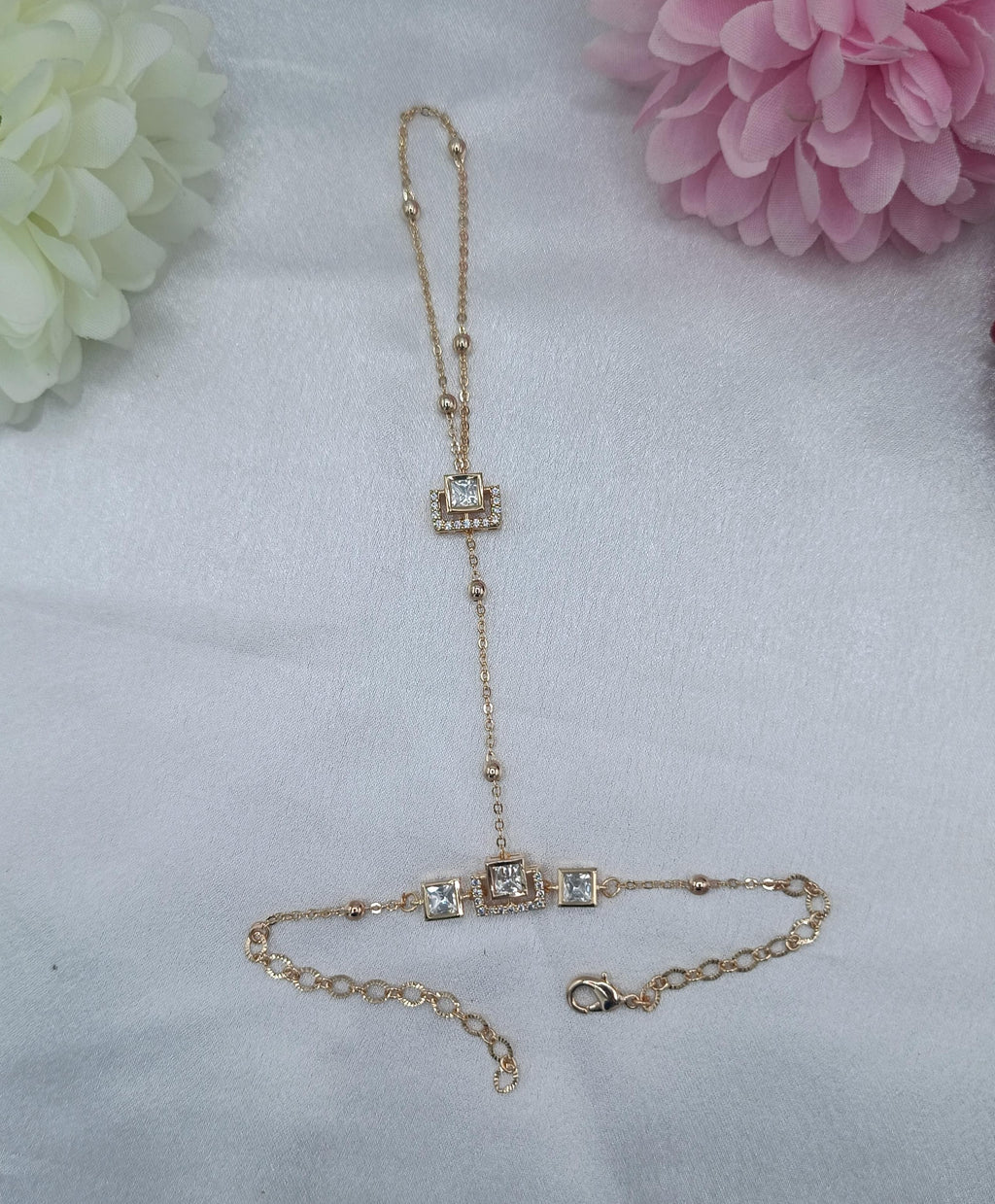 Elara Square Crystal Fancy Chain Kundan Moissanite Hathpan for Women | Gold Finish Adjustable Hand Jewellery | Shree Shani Jewels
