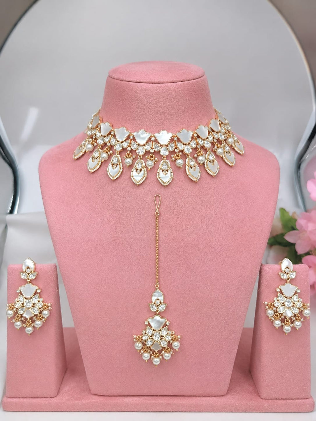 Shree Shani Jewels Umiya Real Mother of Pearl Kundan Moissanite Necklace Set with Earrings & Mang Tika