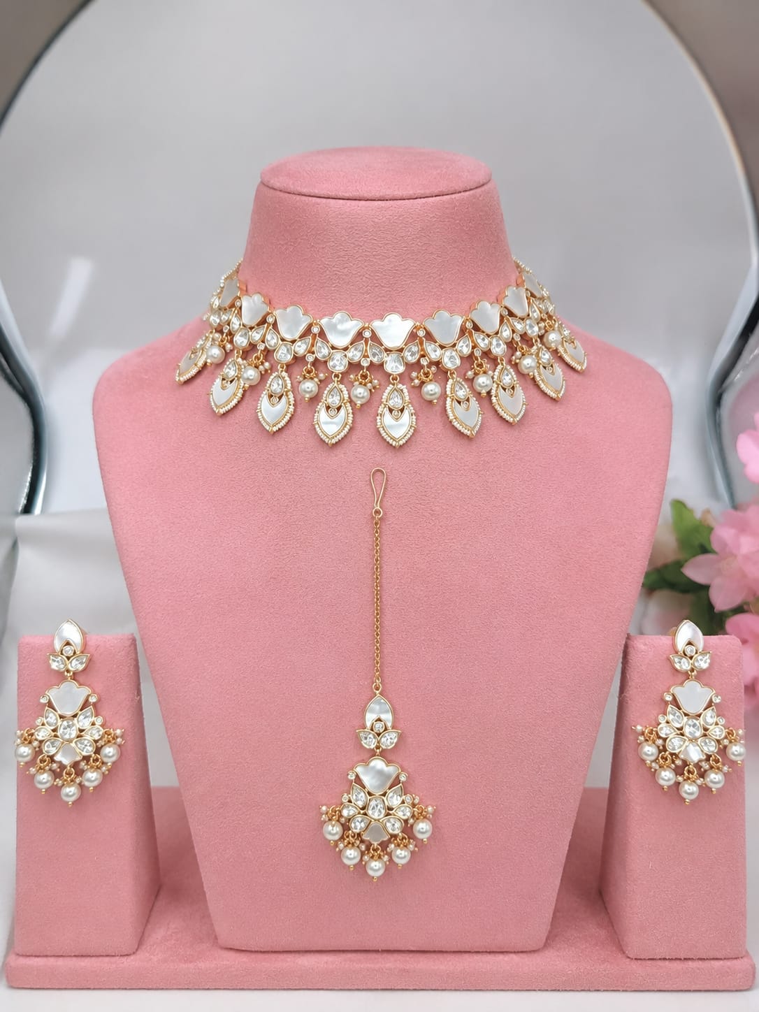 Shree Shani Jewels Umiya Real Mother of Pearl Kundan Moissanite Necklace Set with Earrings & Mang Tika