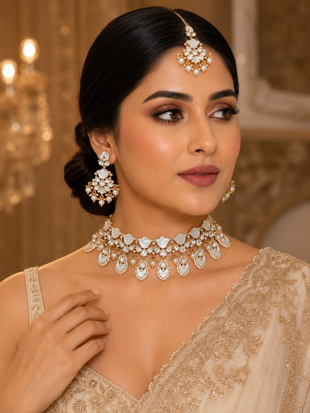 Shree Shani Jewels Umiya Real Mother of Pearl Kundan Moissanite Necklace Set with Earrings & Mang Tika