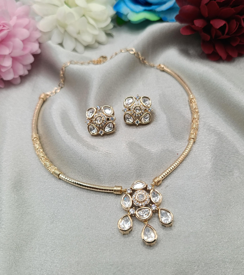 Vanshika Brass Kundan Moissanite Hasli Necklace with Earring
