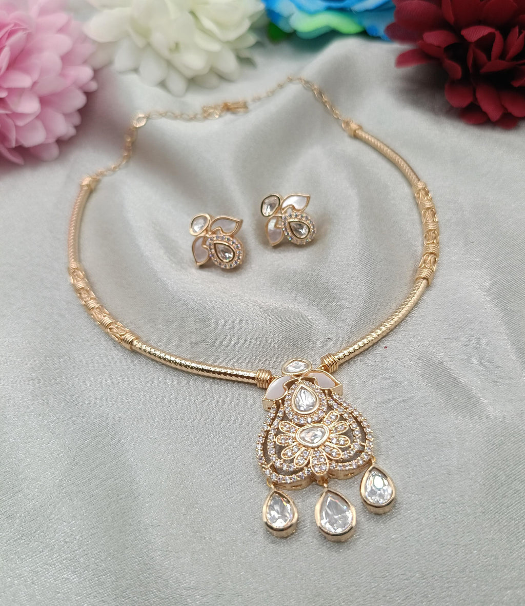 Punita Brass Gold Plated Kundan Moissanite Hasli Necklace with Earring