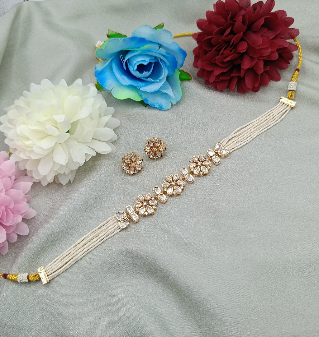Pushpika Floral Kundan Pearl Choker Necklace with Pearl Strands & Matching Earrings | Shree Shani Jewels