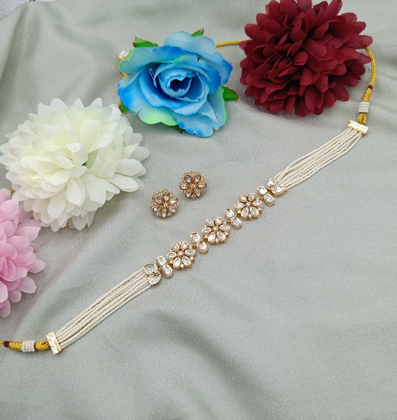 Pushpika Floral Kundan Pearl Choker Necklace with Pearl Strands & Matching Earrings | Shree Shani Jewels