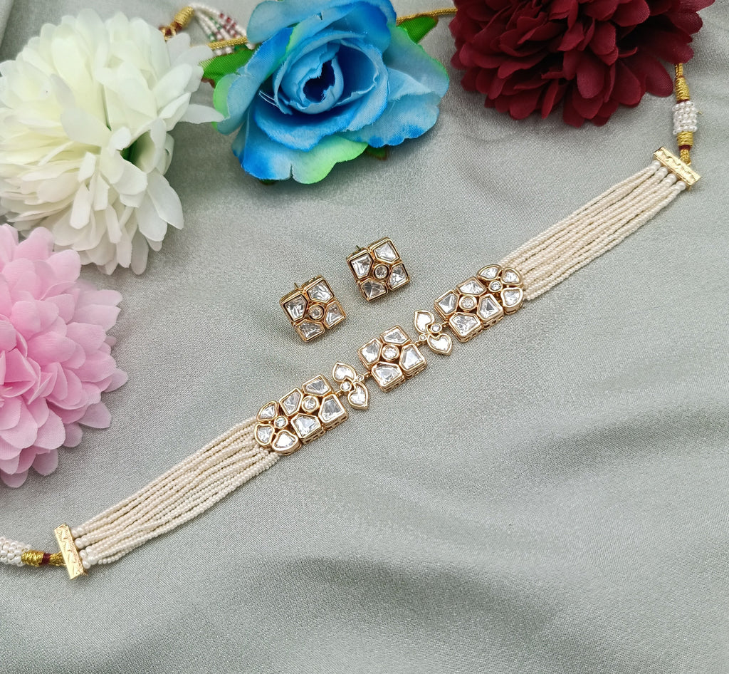 Chaturika Pearl Kundan Choker Necklace with Matching Earrings | Bridal Kundan Choker Jewellery