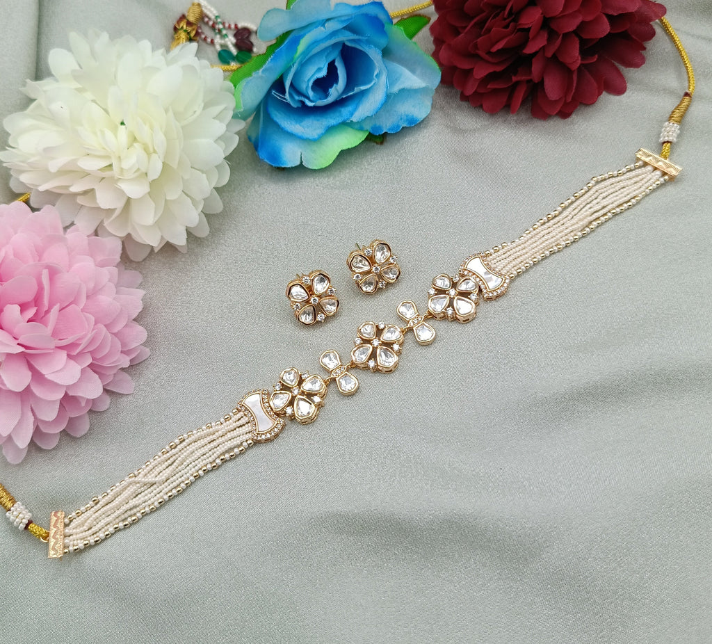 Vasundhara Floral Pearl Kundan Choker Necklace with Kundan Stones & Matching Earrings | Bridal Choker Jewellery