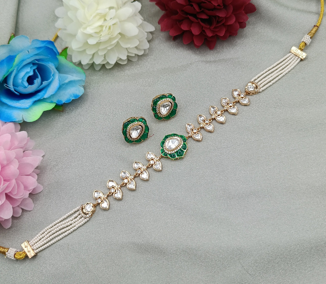 Haritika Emerald Floral Pearl Kundan Choker Necklace with Kundan Stones & Matching Earrings