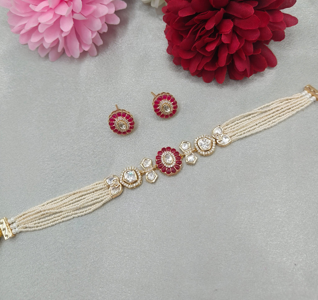 Raktima Floral Pearl Kundan Choker Necklace with Ruby Red Kundan & Matching Earrings | Bridal Choker Jewellery | Shree Shani Jewels