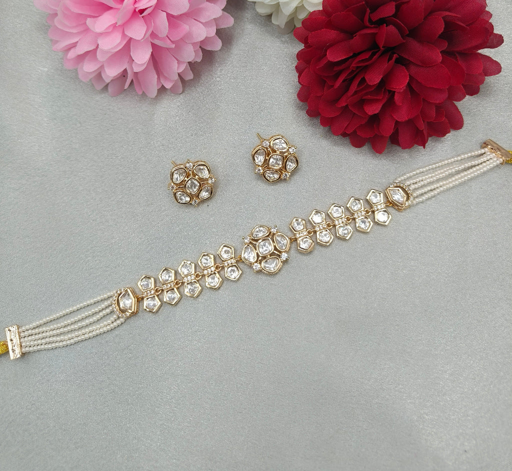 Vaibhika Pearl Kundan Choker Necklace with Matching Earrings | Premium Bridal Choker Jewellery | Shree Shani Jewels