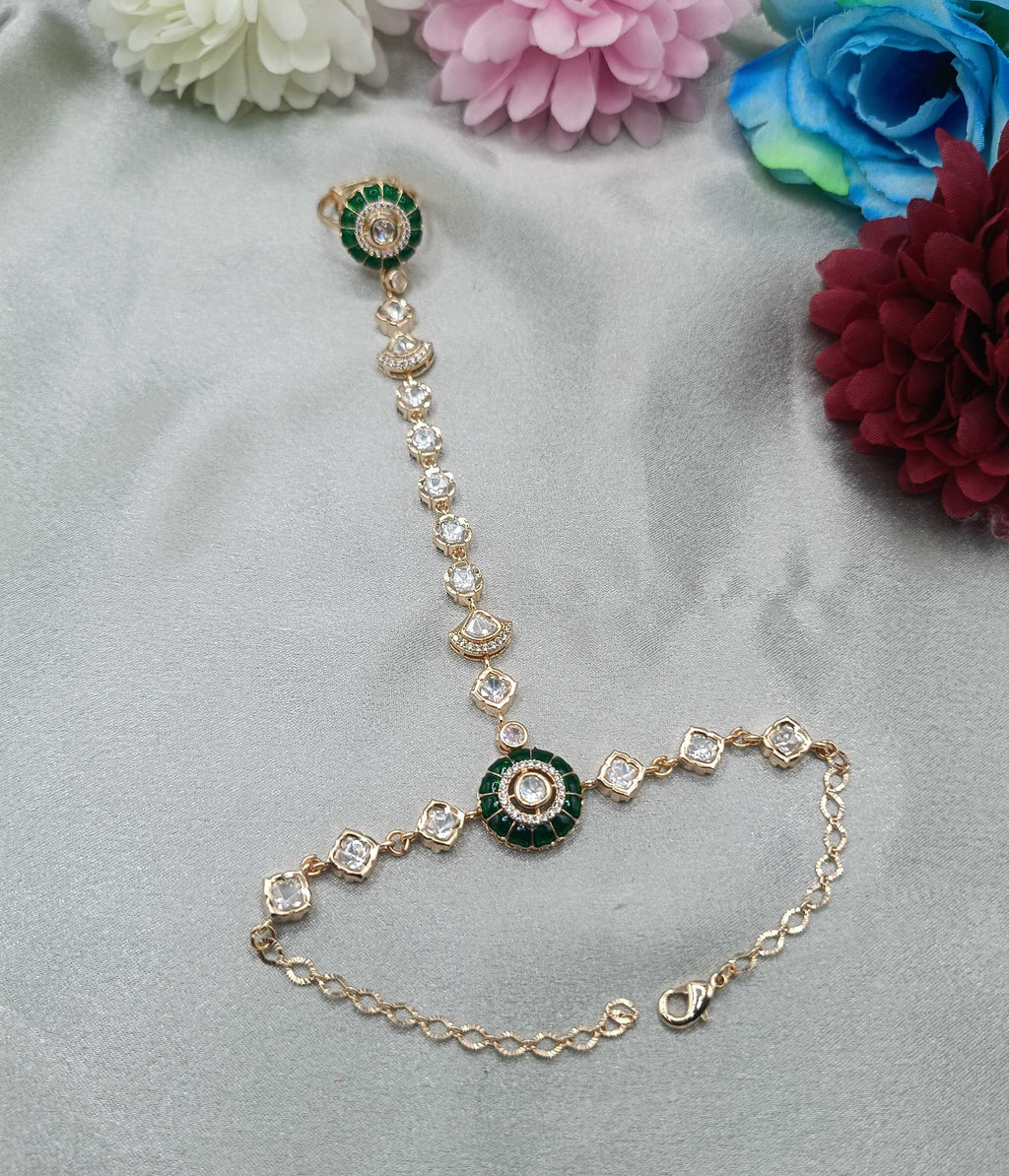 Meher Emerald Kundan Moissanite Hathpan for Women | Green Stone Bridal Hand Jewellery | Shree Shani Jewels