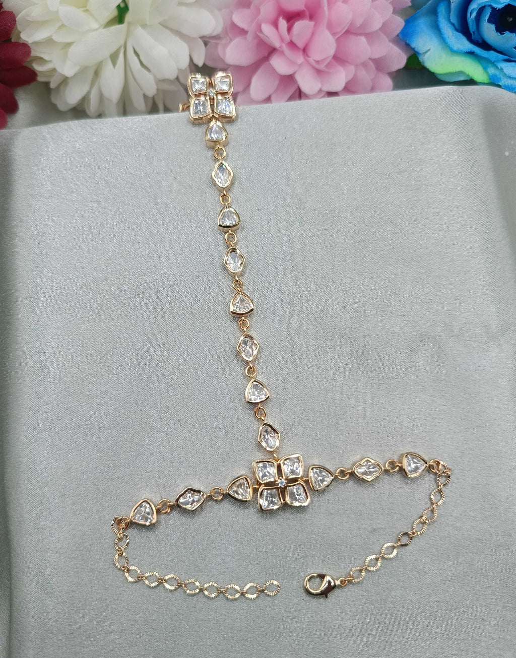 Pushpika Floral Kundan Moissanite Hathpan for Women | Adjustable Crystal Hand Jewellery | Shree Shani Jewels